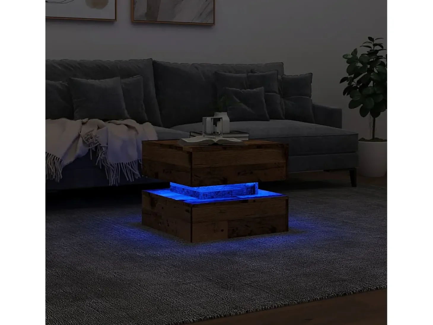 Mesa de centro con luces LED madera envejecida 50x50x40 cm