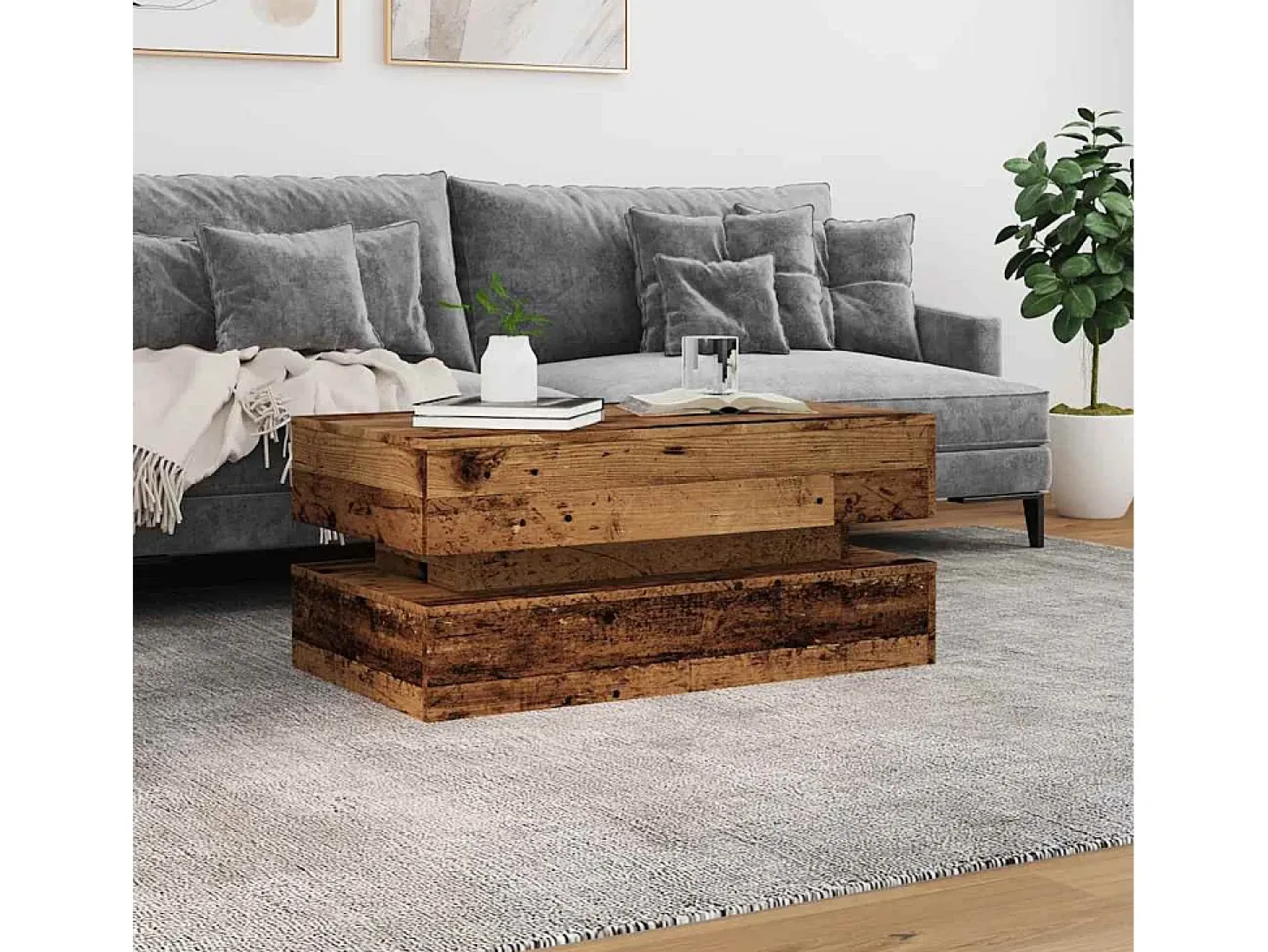Mesa de centro con luces LED madera envejecida 90x50x40 cm