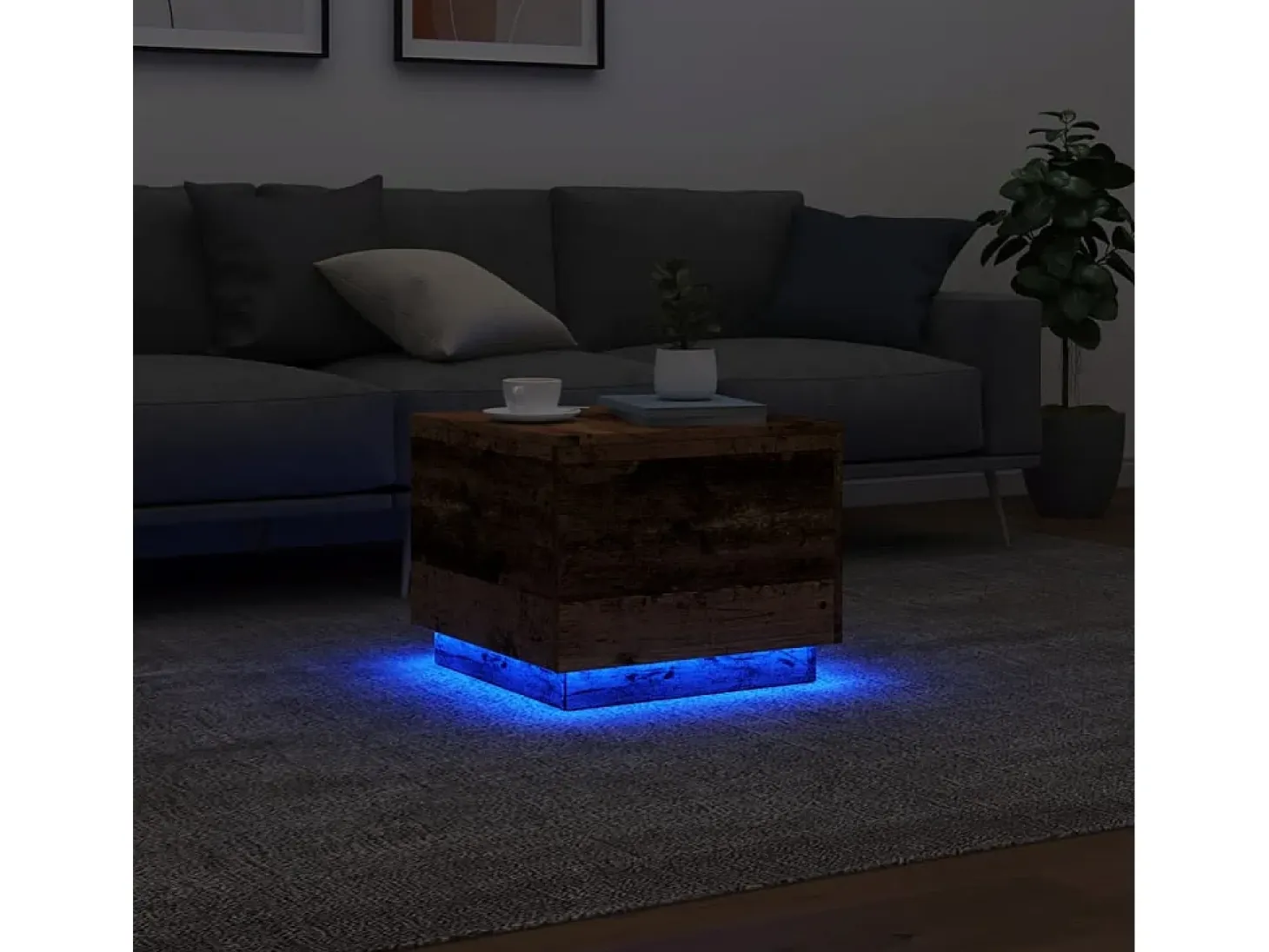Mesa de centro con luces LED madera envejecida 50x50x40 cm