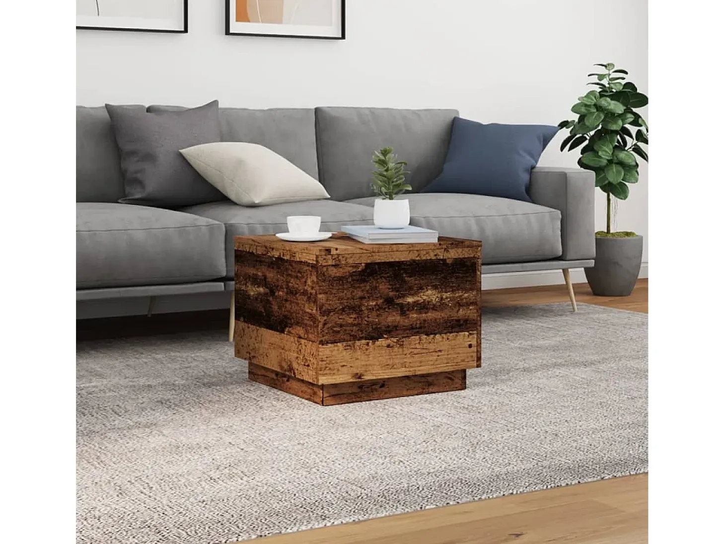 Mesa de centro con luces LED madera envejecida 50x50x40 cm