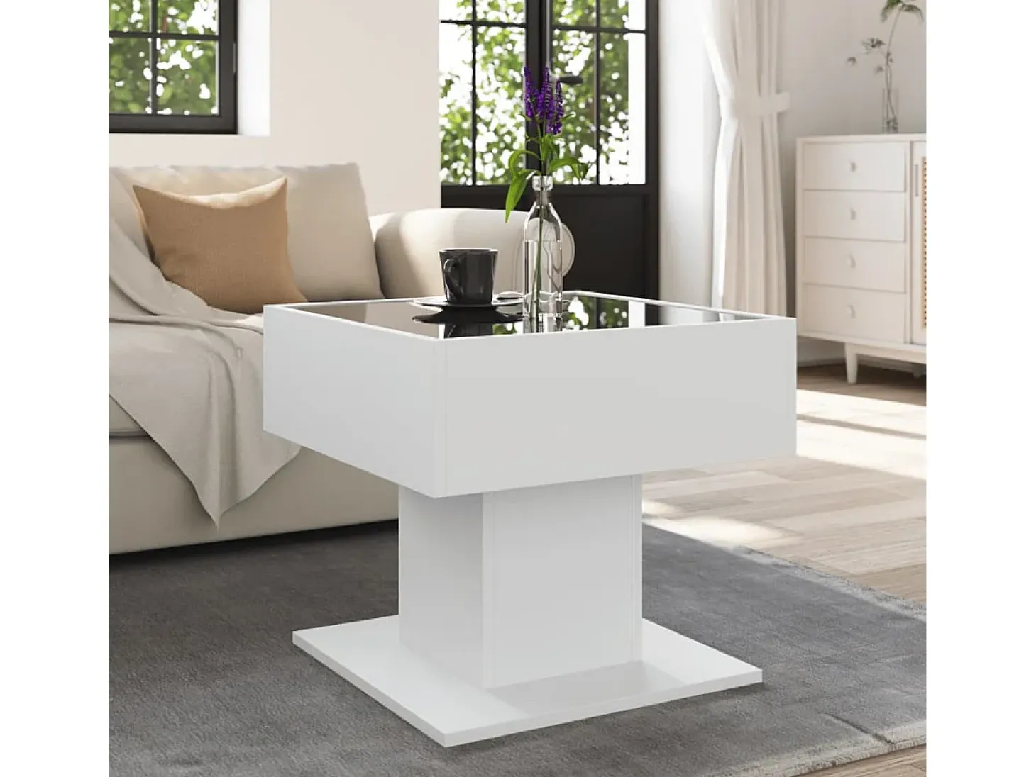 Mesa de centro con luz LED madera ingeniería blanca 50x50x45 cm