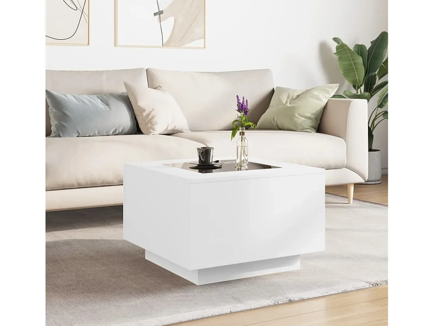 Mesa de centro con luz LED madera ingeniería blanca 60x60x40 cm