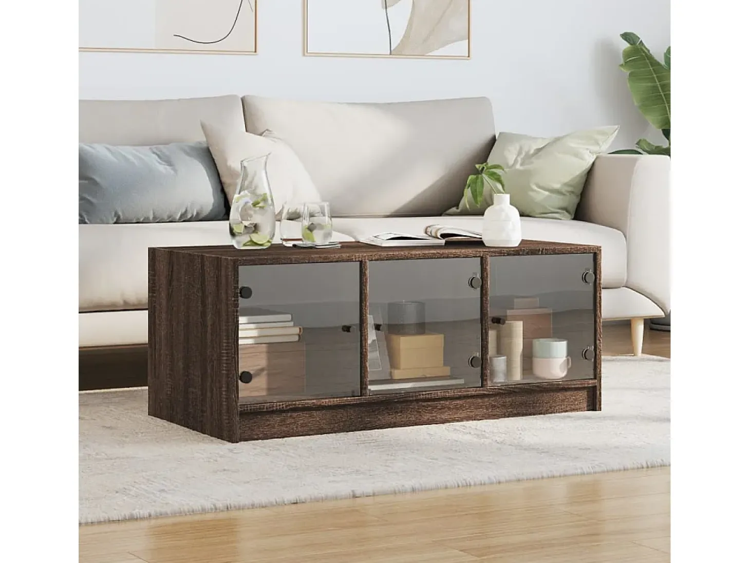 Mesa de centro con puertas de vidrio marrón roble 102x50x42 cm