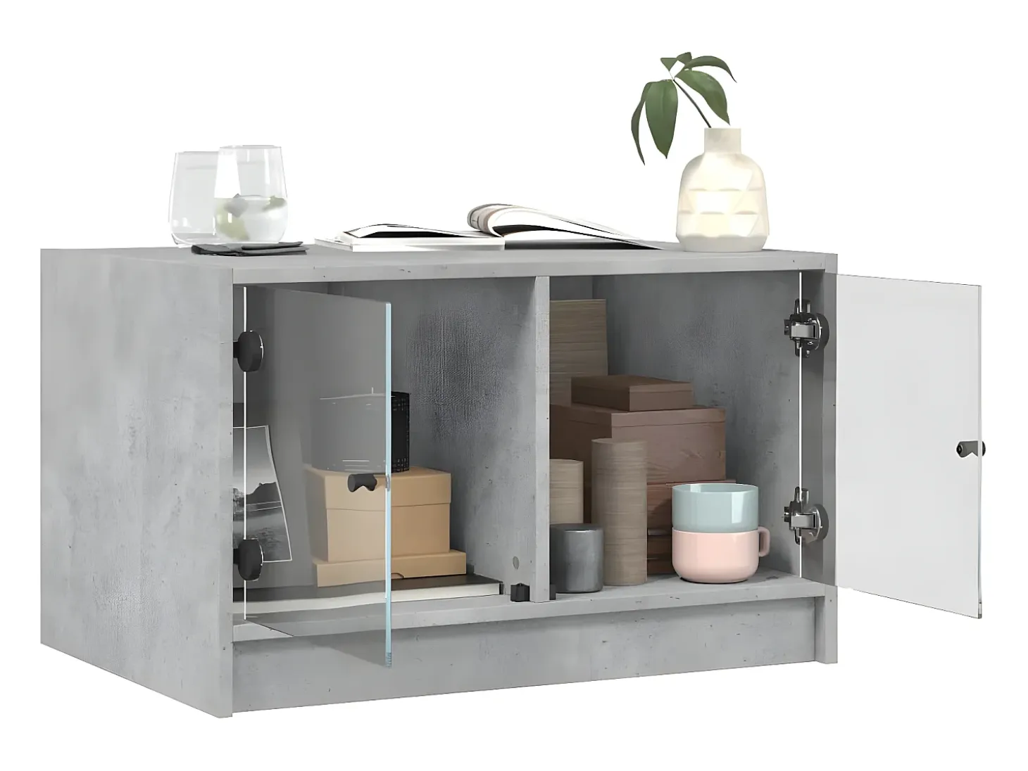 Mesa de centro con puertas de vidrio grs hormigón 68x50x42 cm