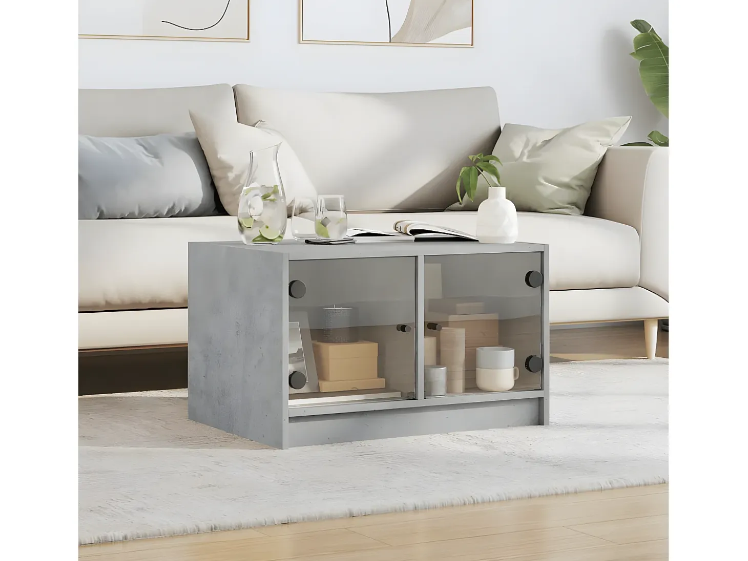 Mesa de centro con puertas de vidrio grs hormigón 68x50x42 cm
