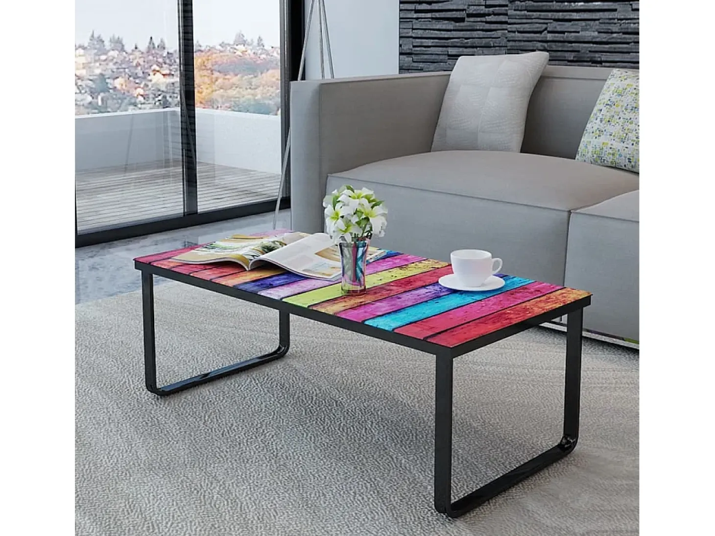 Mesa de centro con superficie con impresión de arcoiris