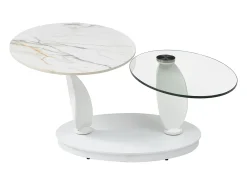 Mesa de centro con tableros pivotantes de cerámica, vidrio templado y metal - Blanco - MANEYA