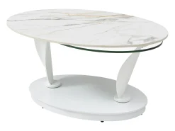 Mesa de centro con tableros pivotantes de cerámica, vidrio templado y metal - Blanco - MANEYA