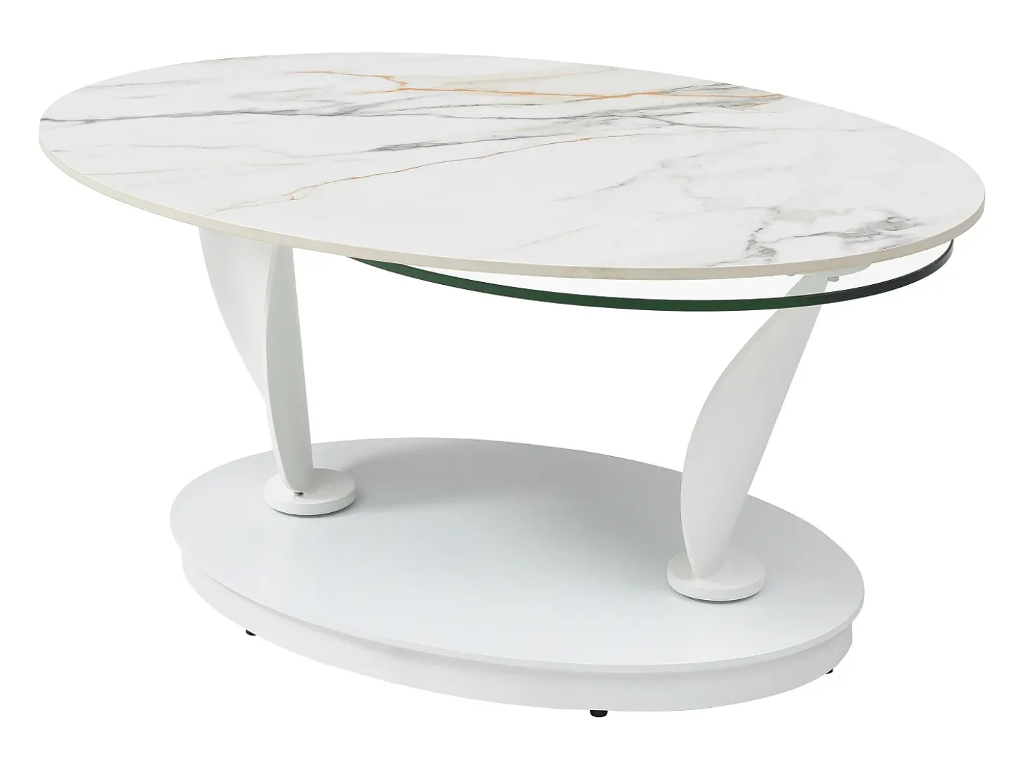 Mesa de centro con tableros pivotantes de cerámica, vidrio templado y metal - Blanco - MANEYA