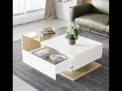 Mesa de centro con un cajón y estantes - LED - 105x55x32,5cm - Tablero de partículas - Blanco brillo y madera