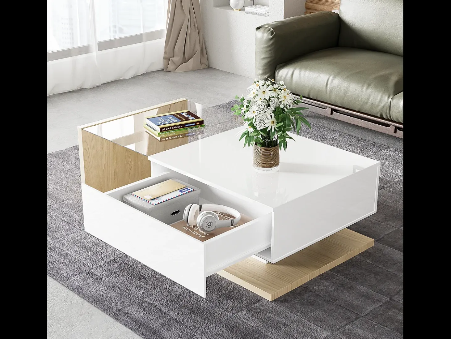 Mesa de centro con un cajón y estantes - LED - 105x55x32,5cm - Tablero de partículas - Blanco brillo y madera
