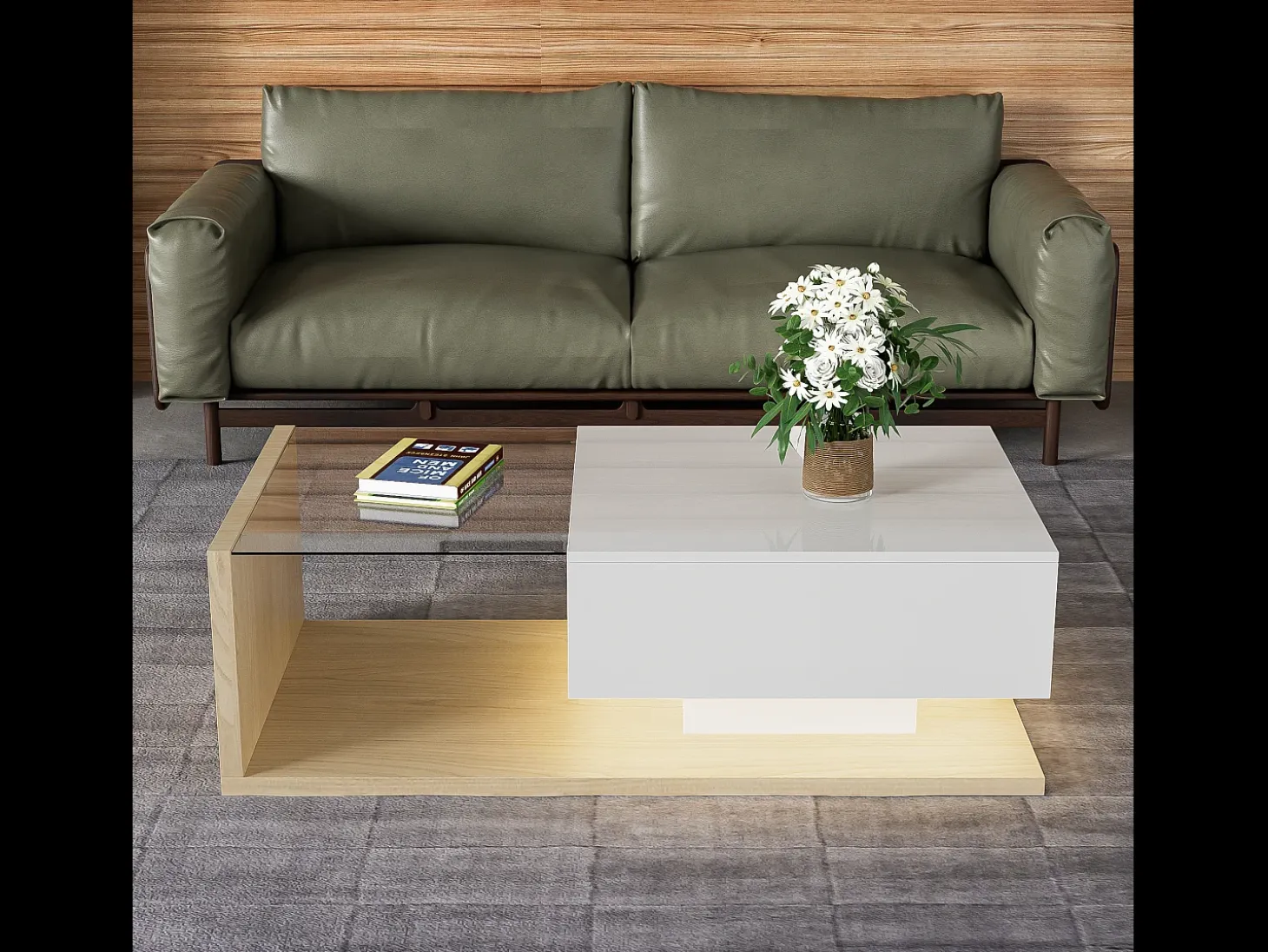 Mesa de centro con un cajón y estantes - LED - 105x55x32,5cm - Tablero de partículas - Blanco brillo y madera