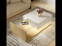 Mesa de centro con un cajón y estantes - LED - 105x55x32,5cm - Tablero de partículas - Blanco brillo y madera