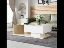 Mesa de centro con un cajón y estantes - LED - 105x55x32,5cm - Tablero de partículas - Blanco brillo y madera