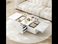Mesa de centro corredera con 2 cajones - 100 L x 50 W x 31 H cm - efecto alto brillo - Tablero de partículas - Blanco