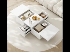 Mesa de centro corredera con 2 cajones - 100 L x 50 W x 31 H cm - efecto alto brillo - Tablero de partículas - Blanco