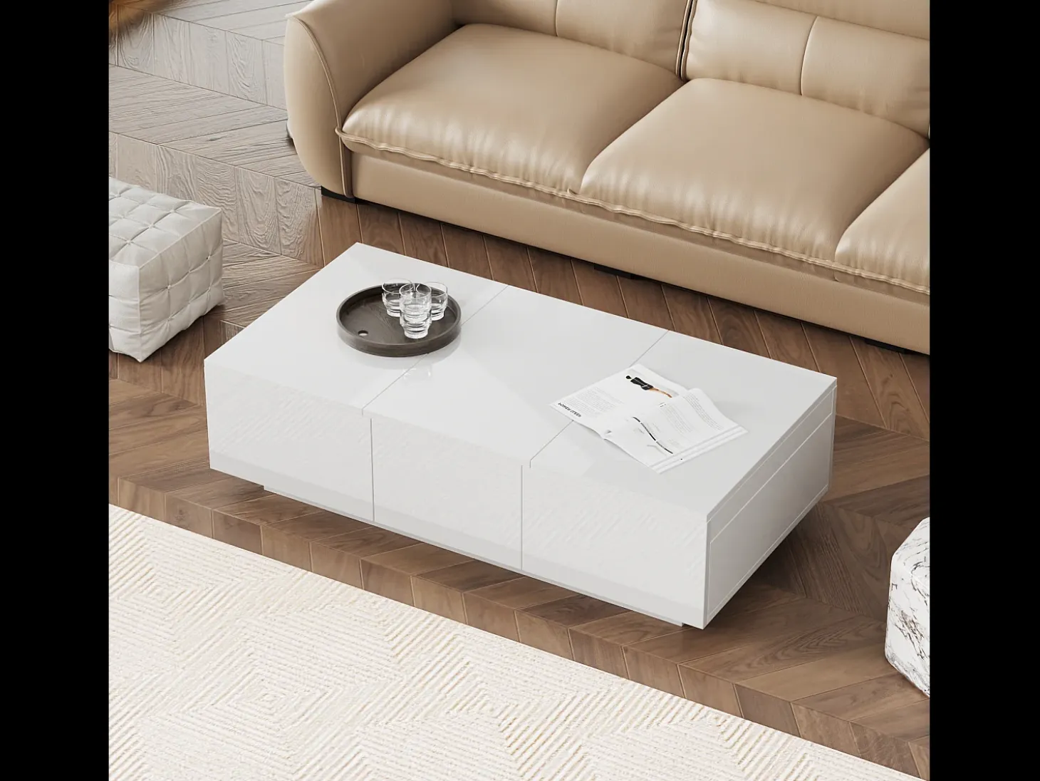 Mesa de centro corredera con 2 cajones - 100 L x 50 W x 31 H cm - efecto alto brillo - Tablero de partículas - Blanco