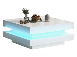 Mesa de centro cuadrada - 70 x 70 x 36 cm - con LED de 16 colores - aglomerado - blanco
