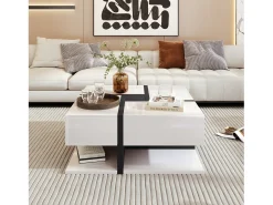 Mesa de centro cuadrada brillante con 4 cajones, tablero de partículas, blanco, 78 x 78 x 36 cm
