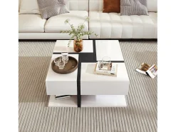 Mesa de centro cuadrada brillante con 4 cajones, tablero de partículas, blanco, 78 x 78 x 36 cm