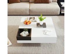 Mesa de centro cuadrada con caja de almacenamiento extraíble - 72 x 72 x 30 cm - tablero de partículas - diseño de mármol - blanco