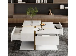 Mesa de centro cuadrada con 4 cajones - 78 x 78 x 34,8 cm - Tablero de partículas - Blanco brillante
