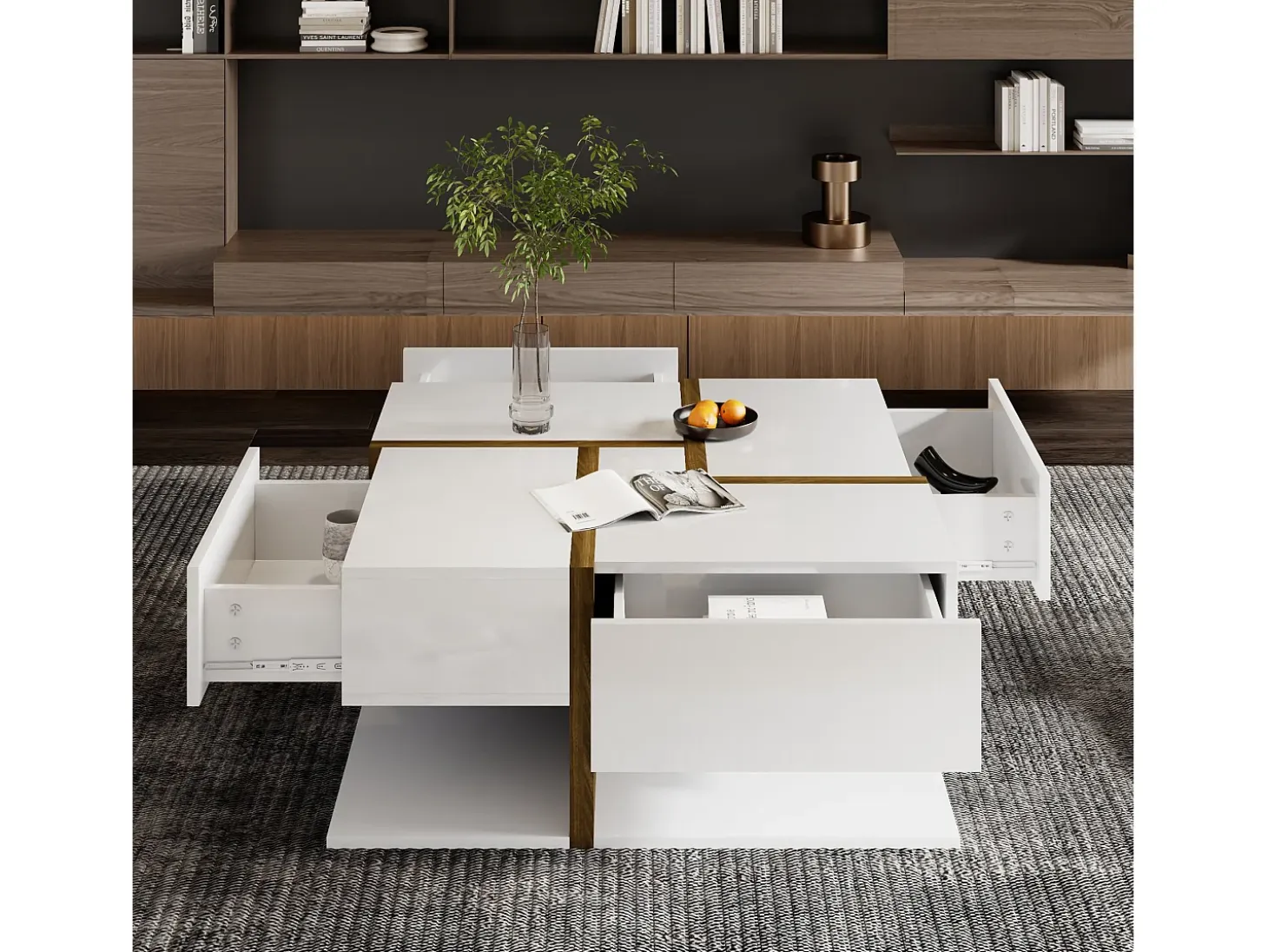 Mesa de centro cuadrada con 4 cajones - 78 x 78 x 34,8 cm - Tablero de partículas - Blanco brillante