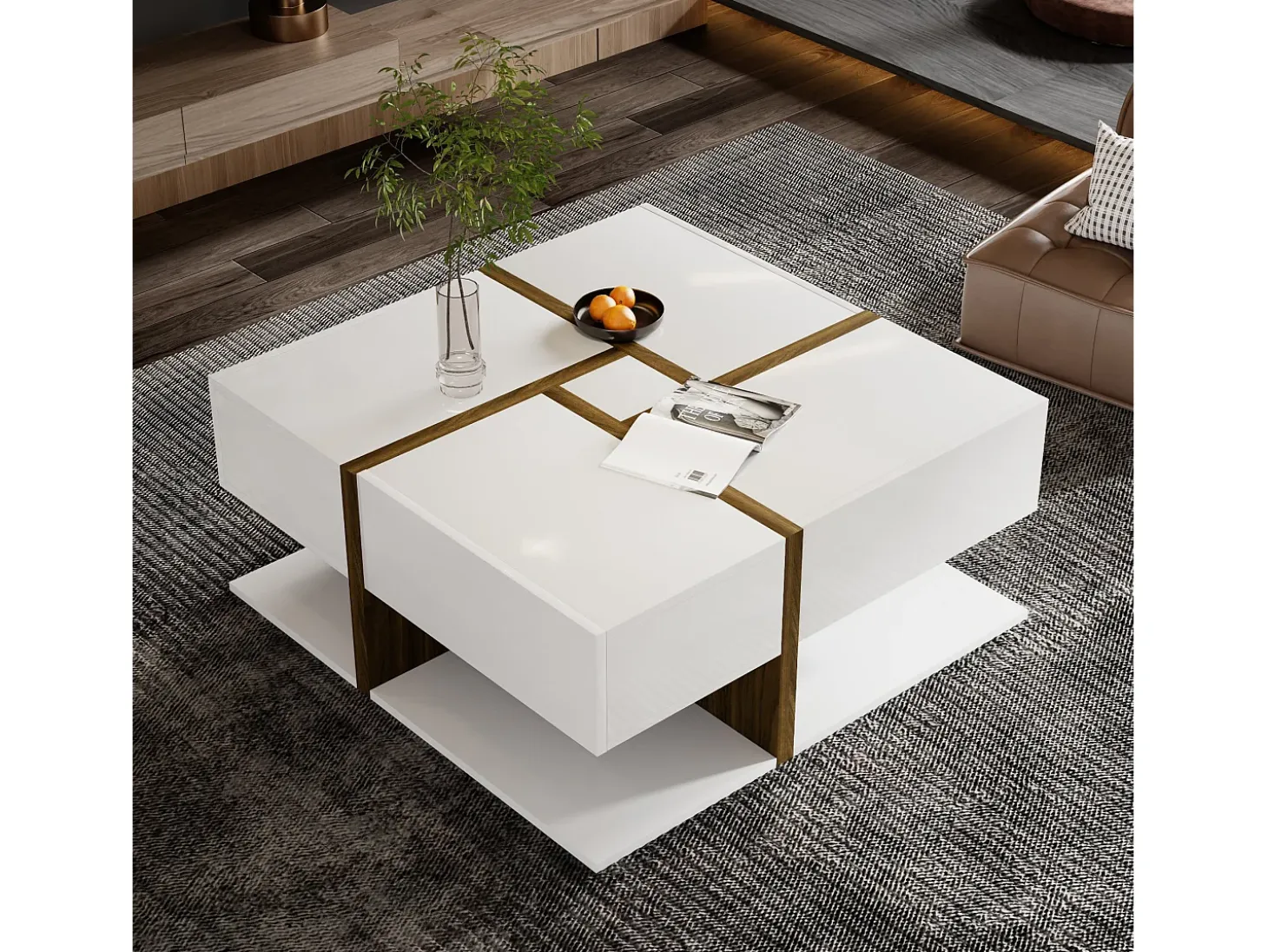 Mesa de centro cuadrada con 4 cajones - 78 x 78 x 34,8 cm - Tablero de partículas - Blanco brillante