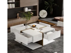 Mesa de centro cuadrada con 4 cajones - 78 x 78 x 34,8 cm - Tablero de partículas - Blanco brillante