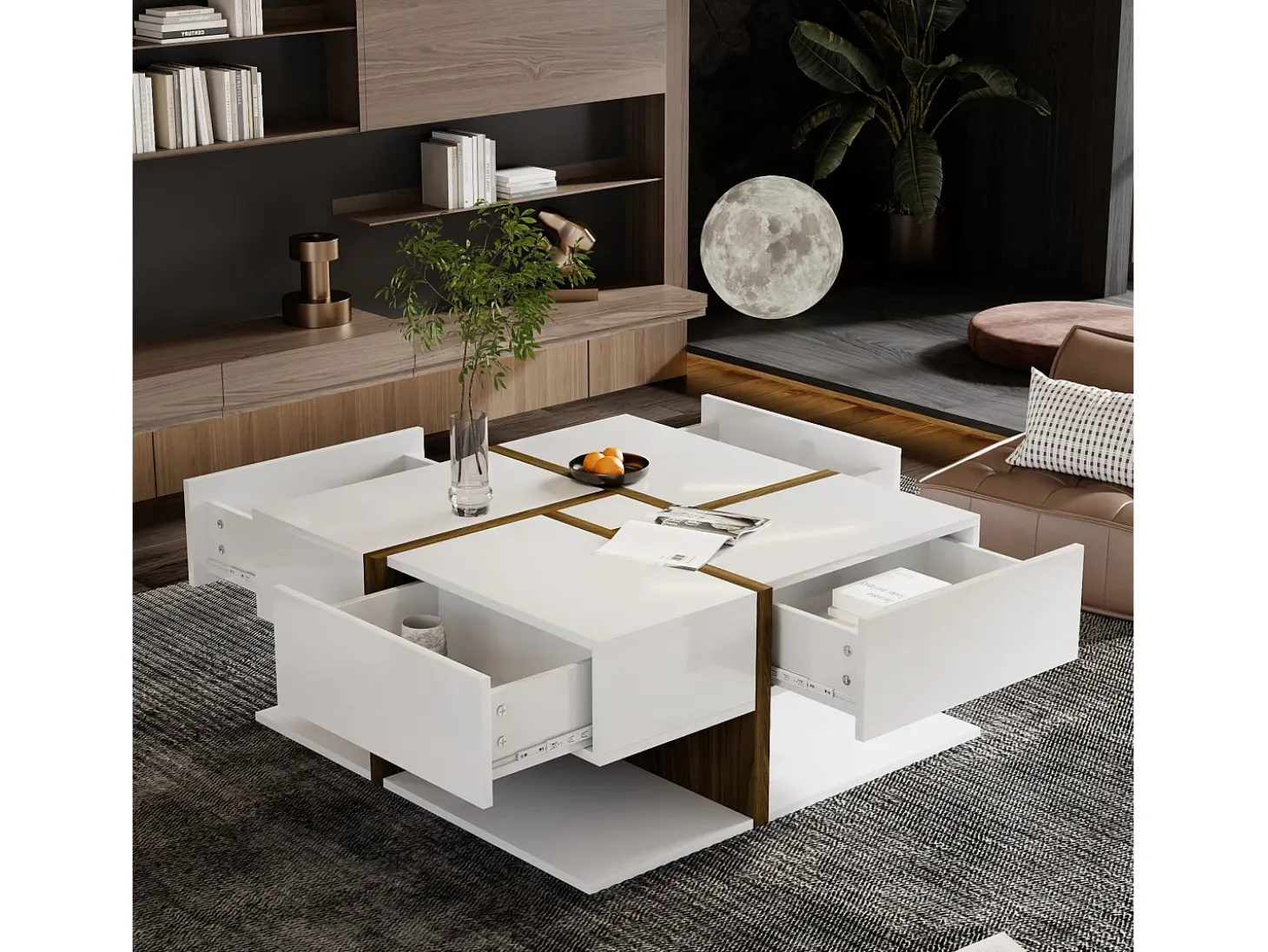 Mesa de centro cuadrada con 4 cajones - 78 x 78 x 34,8 cm - Tablero de partículas - Blanco brillante