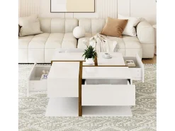 Mesa de centro cuadrada con 4 cajones - 78 x 78 x 34,8 cm - Tablero de partículas - Blanco brillante