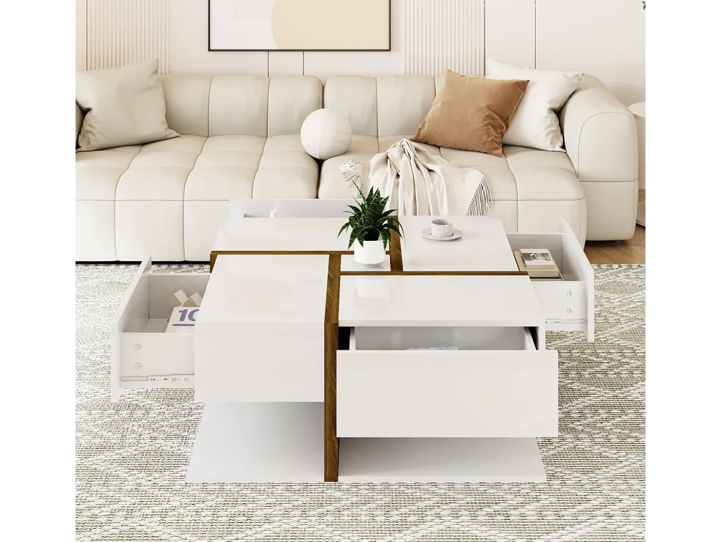 Mesa de centro cuadrada con 4 cajones - 78 x 78 x 34,8 cm - Tablero de partículas - Blanco brillante