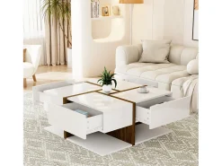 Mesa de centro cuadrada con 4 cajones - 78 x 78 x 34,8 cm - Tablero de partículas - Blanco brillante