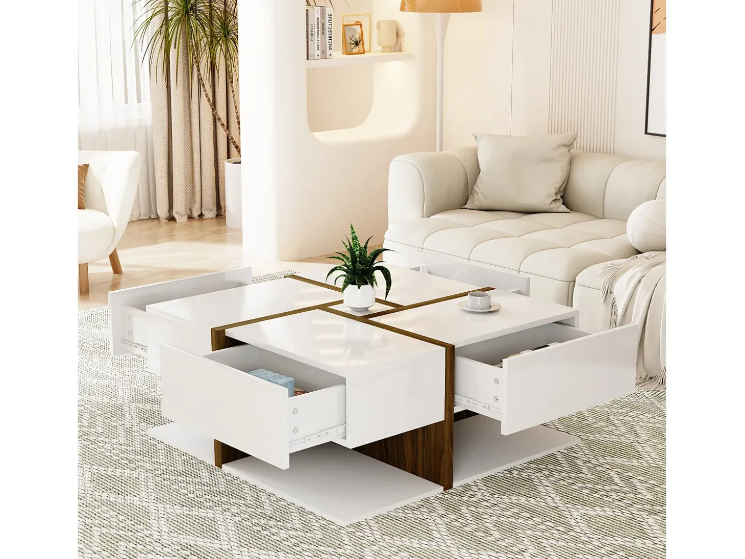 Mesa de centro cuadrada con 4 cajones - 78 x 78 x 34,8 cm - Tablero de partículas - Blanco brillante