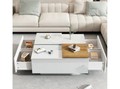 Mesa de centro cuadrada con 4 cajones y 2 bandejas deslizantes pequeñas - 75 x 75 x 33,5 cm - Tablero de partículas - Blanco