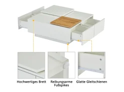 Mesa de centro cuadrada con 4 cajones y 2 bandejas deslizantes pequeñas - 75 x 75 x 33,5 cm - Tablero de partículas - Blanco