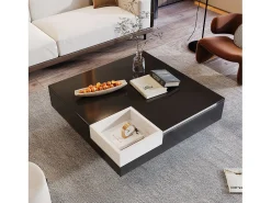 Mesa de centro cuadrada con caja de almacenamiento - 72 x 72 x 30 cm - LED - Tablero de partículas - Negro + blanco