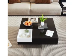 Mesa de centro cuadrada con caja de almacenamiento - 72 x 72 x 30 cm - LED - Tablero de partículas - Negro + blanco