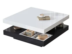 Mesa de centro cuadrada con 4 compartimentos y tablero giratorio - 70 x 70 x 36 cm - Tablero de partículas - Negro + blanco