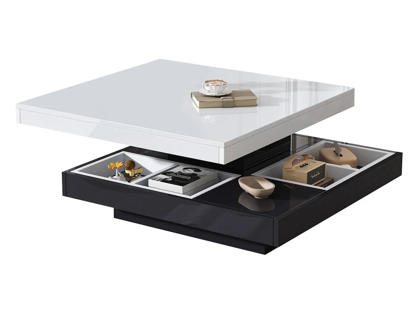 Mesa de centro cuadrada con 4 compartimentos y tablero giratorio - 70 x 70 x 36 cm - Tablero de partículas - Negro + blanco