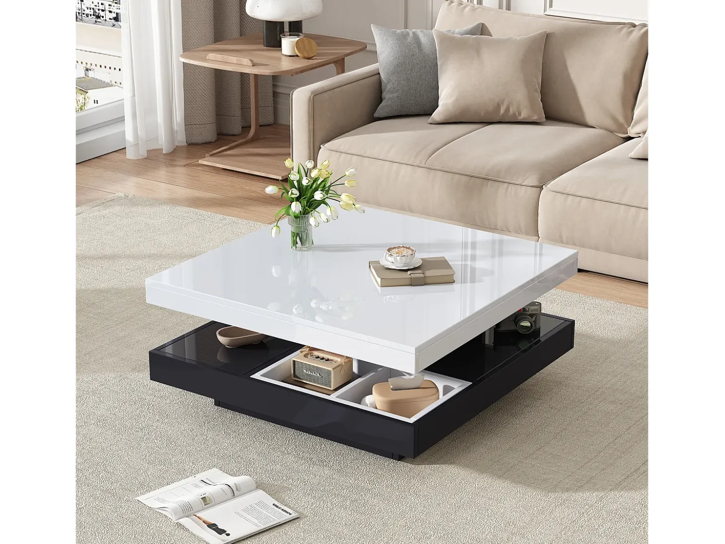 Mesa de centro cuadrada con 4 compartimentos y tablero giratorio - 70 x 70 x 36 cm - Tablero de partículas - Negro + blanco