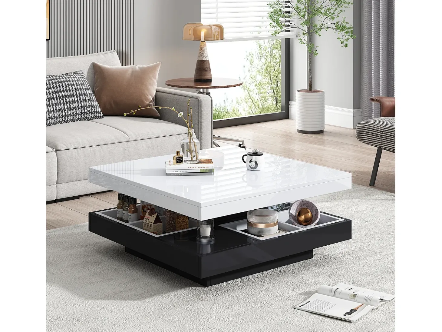 Mesa de centro cuadrada con 4 compartimentos y tablero giratorio - 70 x 70 x 36 cm - Tablero de partículas - Negro + blanco