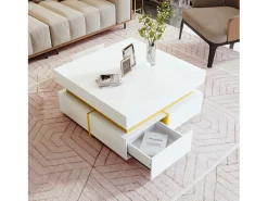 Mesa de centro cuadrada de alto brillo con 2 cajones - Tablero de partículas - Color blanco