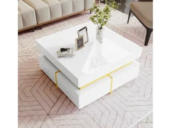 Mesa de centro cuadrada de alto brillo con 2 cajones - Tablero de partículas - Color blanco