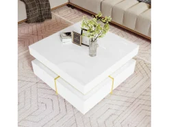 Mesa de centro cuadrada de alto brillo con 2 cajones - Tablero de partículas - Color blanco