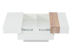 Mesa de centro cuadrada 70x70x39cm con tapa extensible y espacio de almacenaje oculto, color blanco y madera clara