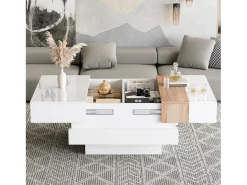 Mesa de centro cuadrada 70x70x39cm con tapa extensible y espacio de almacenaje oculto, color blanco y madera clara