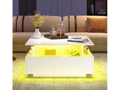 Mesa de centro cuadrada 70x70x41cm con 2 cajones y LED, cuerpo en lacado blanco brillo