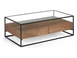 Mesa de centro de 2 cajones en nogal con patas de metal negro Baliko 120 cm