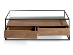 Mesa de centro de 2 cajones en nogal con patas de metal negro Baliko 120 cm